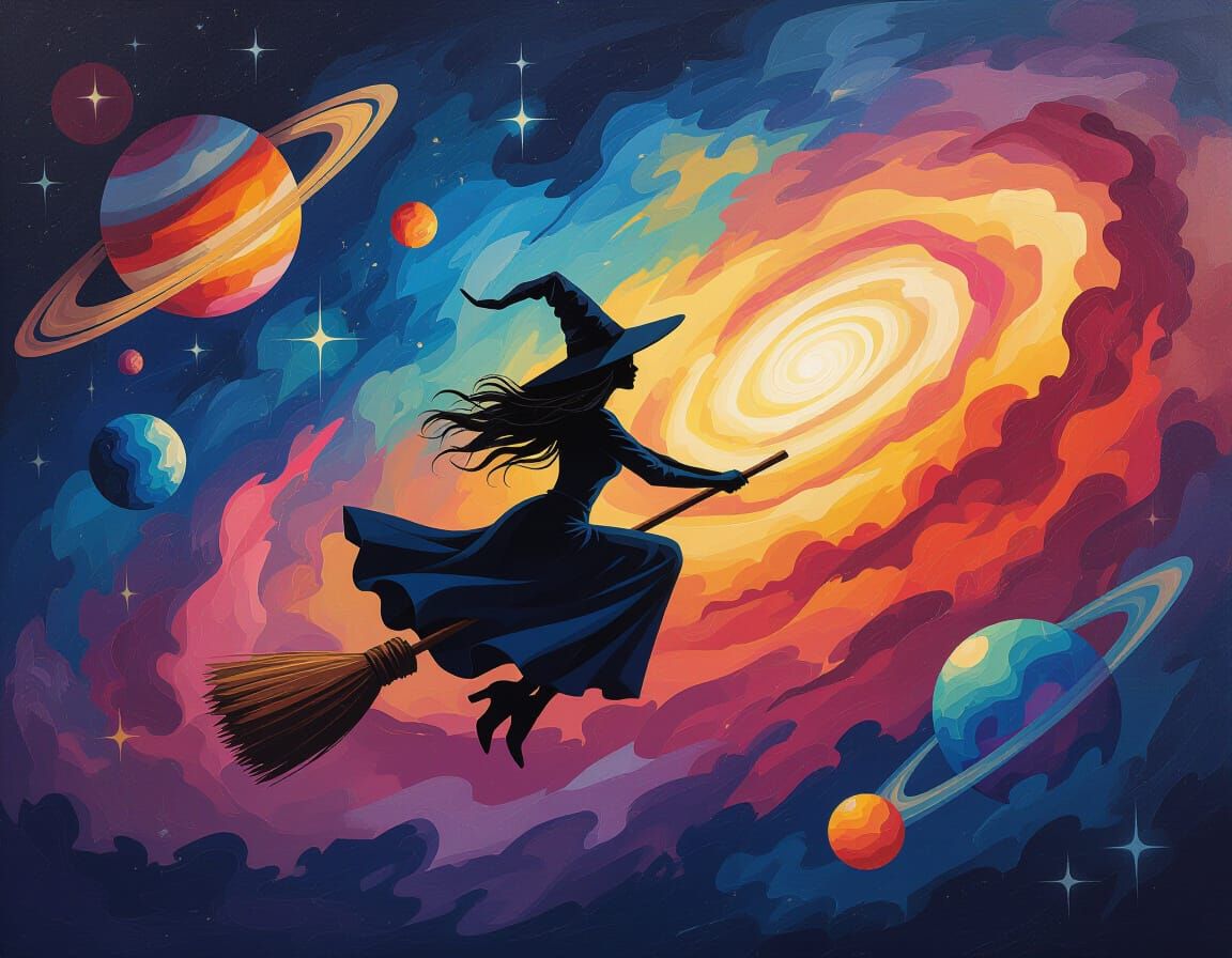 Witch Soars Through Abstract Cosmic Landscape