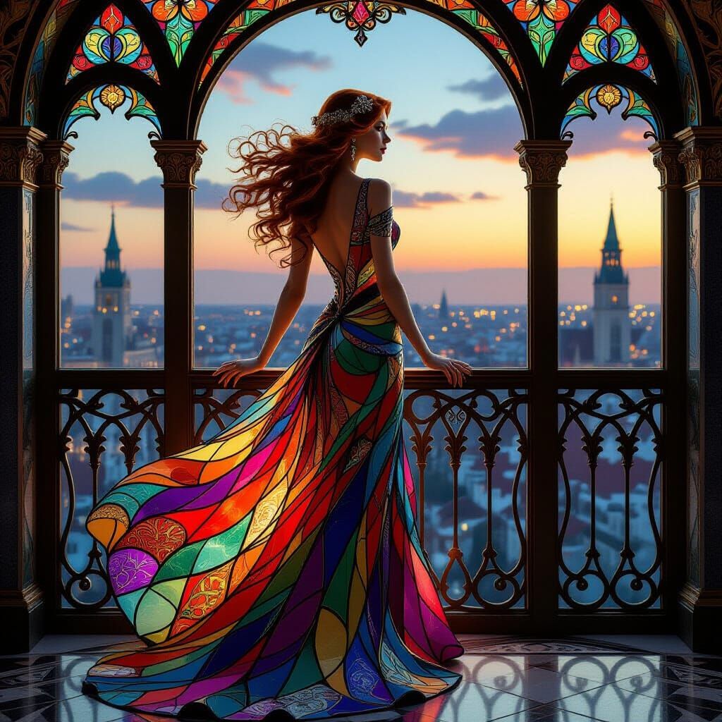 Art Nouveau Woman in Stained Glass Gown Overlooking Twilight...