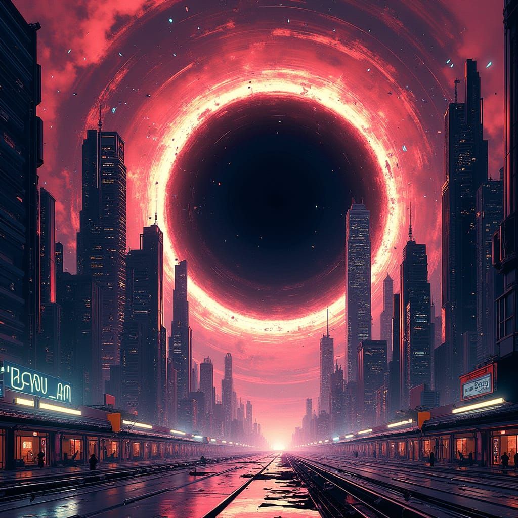 Cosmic Black Hole Consumes Metropolis in Vibrant, High-Contr...