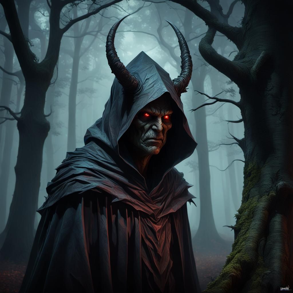Cloaked Demon in Misty Forest: Horror Art
