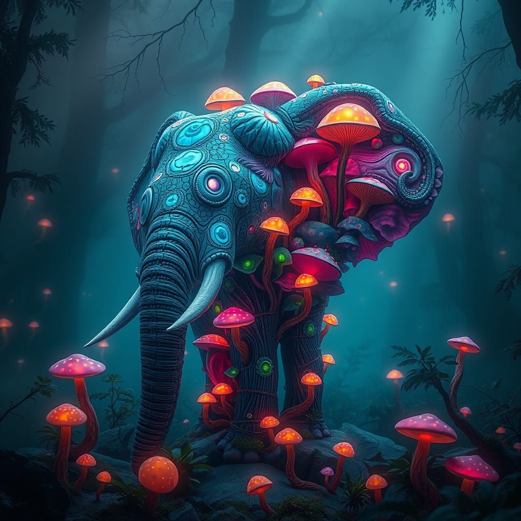 Mushroom Elephant in Luminescent Jungle