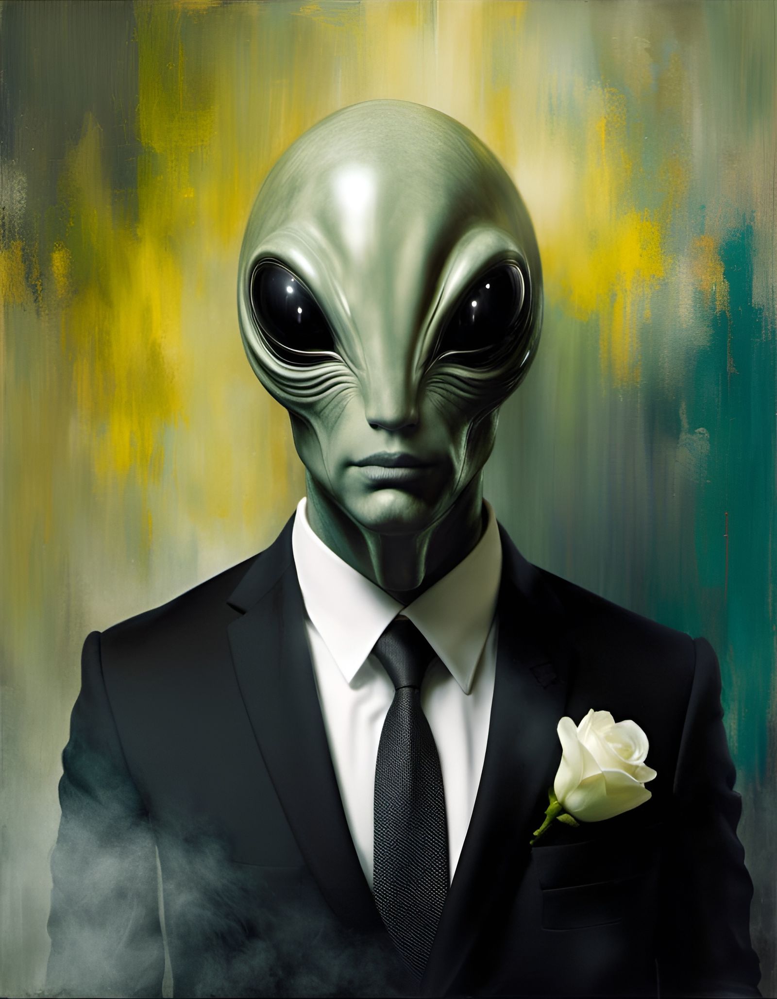 Hyperrealistic Portrait of Grey Alien in Black Suit