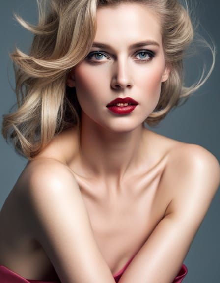 woman with short blond hair, in warm pink flowing dress, topaz eyes, looking into the camera with a sly smile