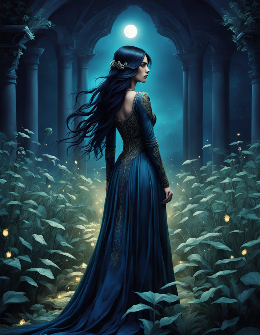 Mysterious Woman in Bioluminescent Field, Art Nouveau Style