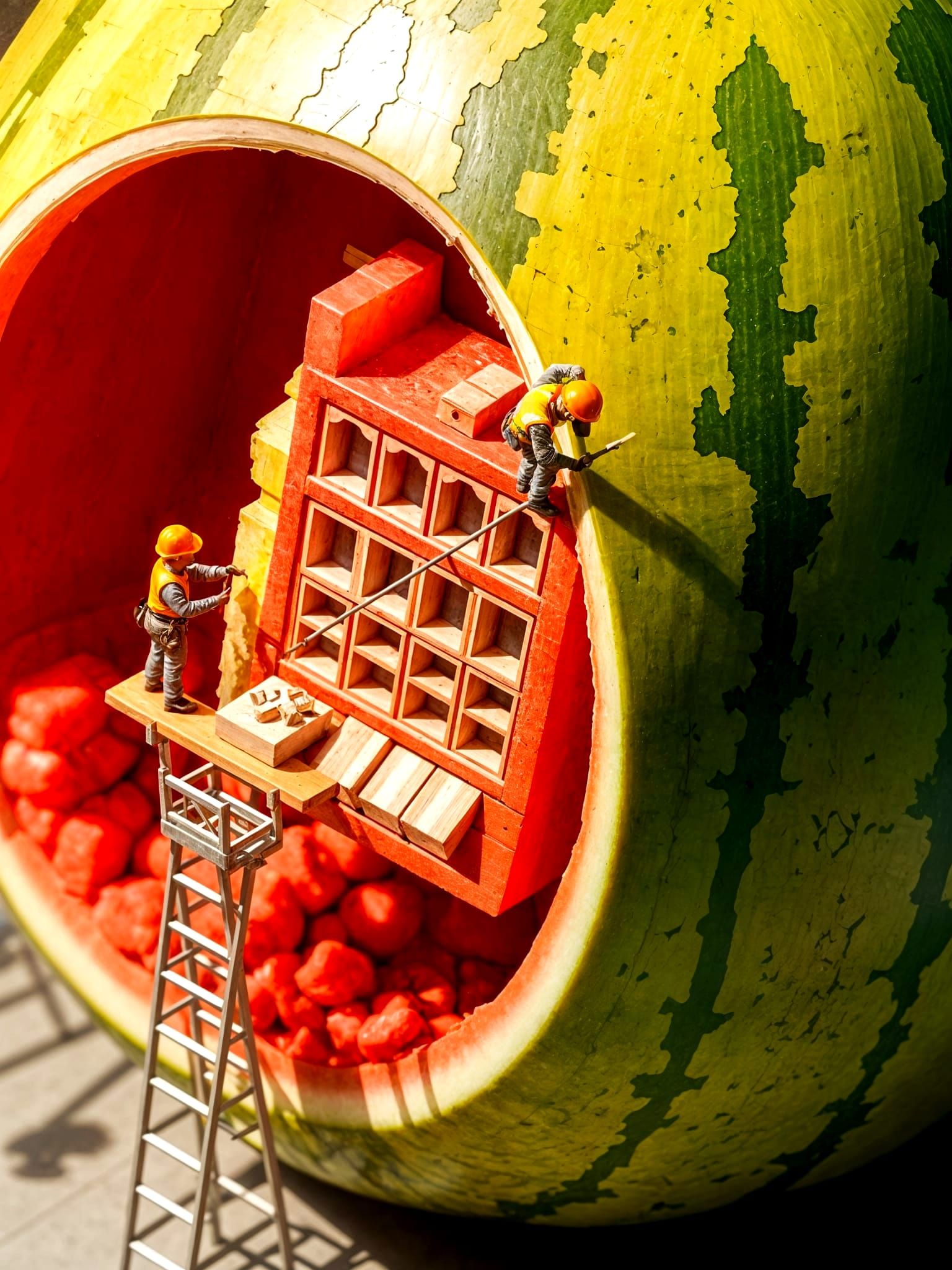 Mini Construction Workers Carve Watermelon Skyscraper