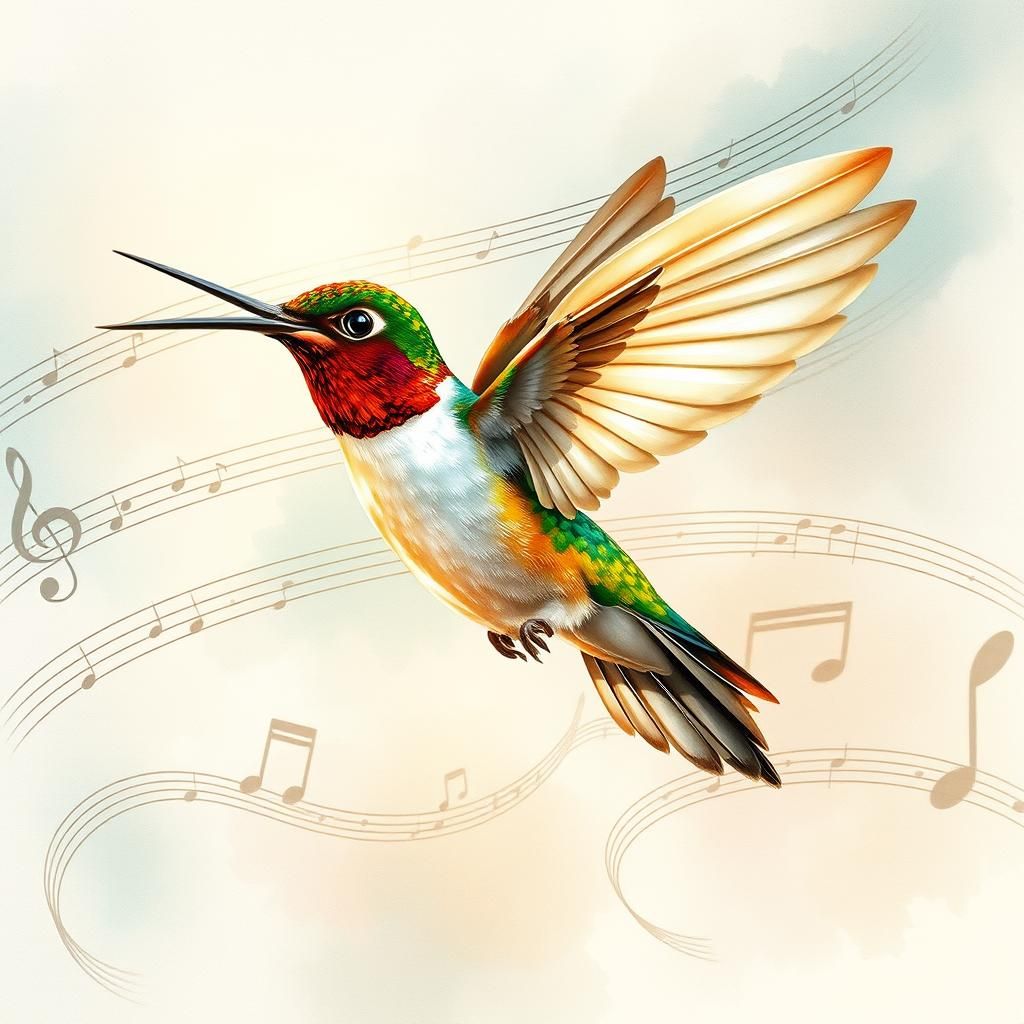 Hummingbird in Flight with Musical Notes, Art Nouveau Style