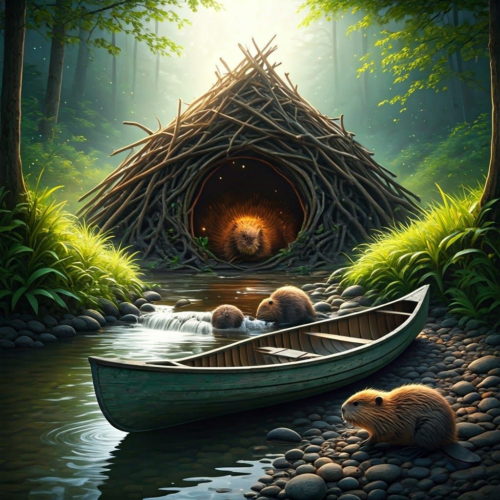 Imagine a 1920's  wooden  old abandoned canoe next to a beav...
