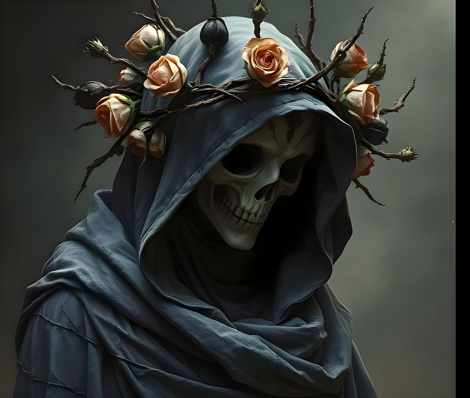 Dark Figure Adorns Rose-Wreath Crown with Withered Flowers