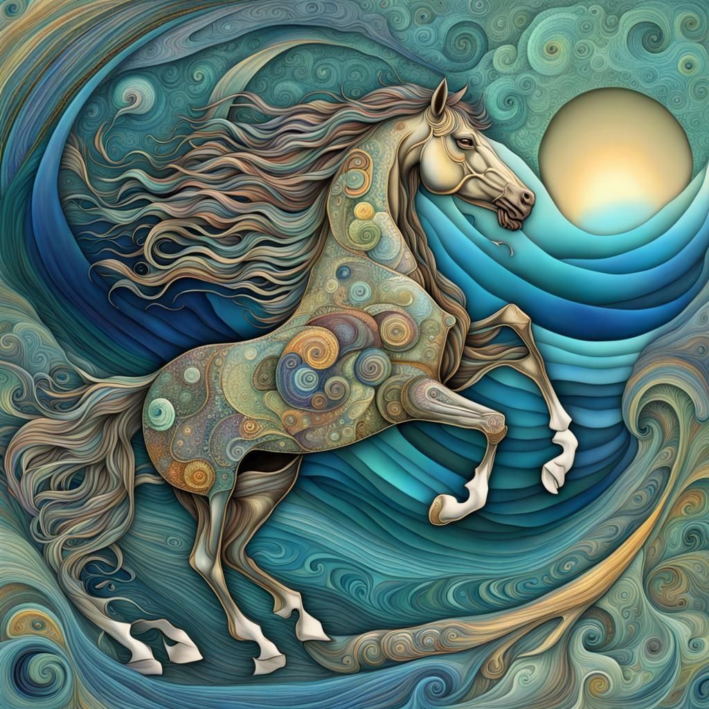 Neptune's Horses in Art Nouveau Ocean Scene