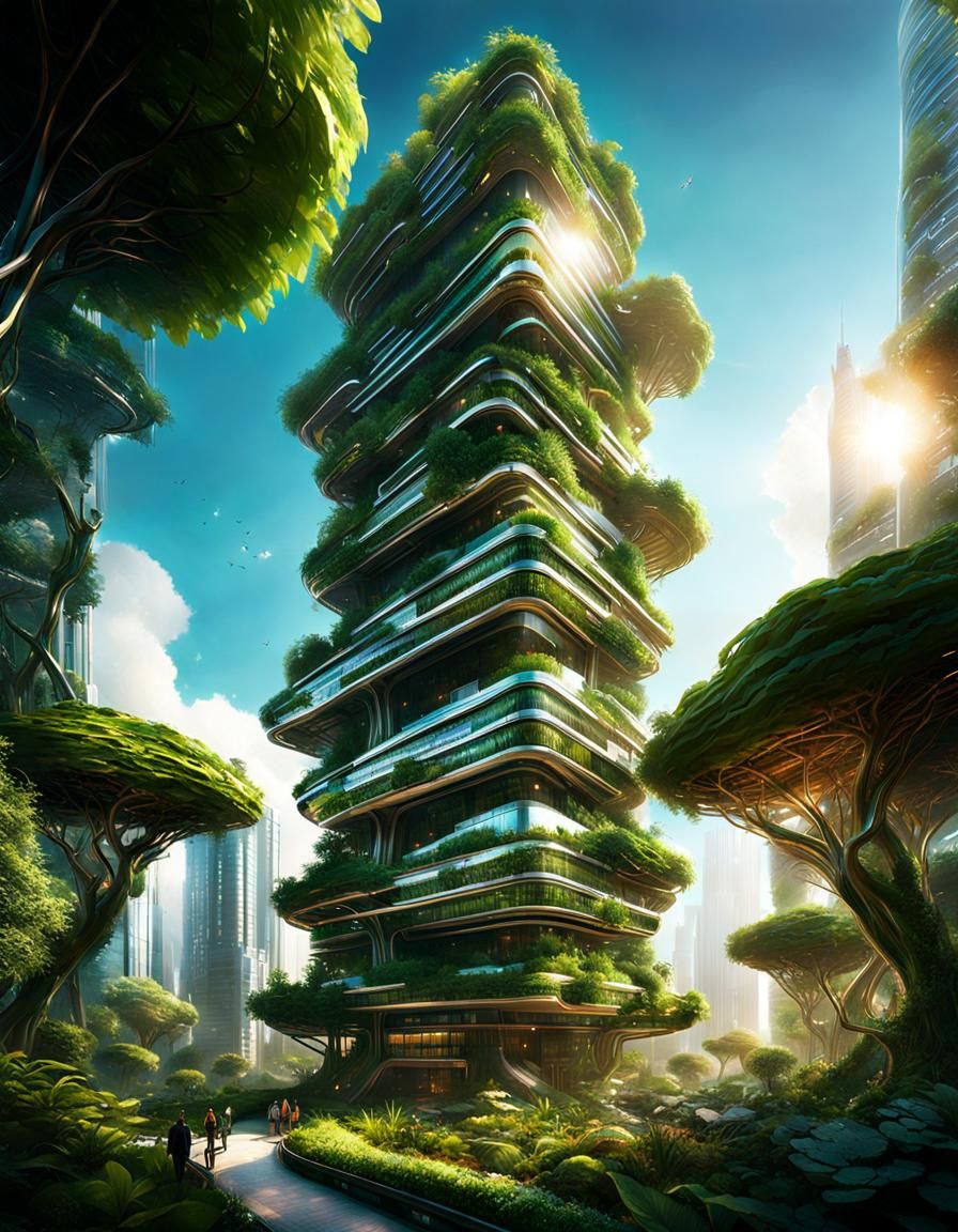 Solarpunk Skyscraper Harmoniously Integrated with Nature