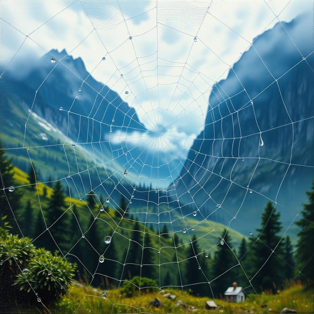 Alpine Landscape Through Spiderweb in Gouache Style