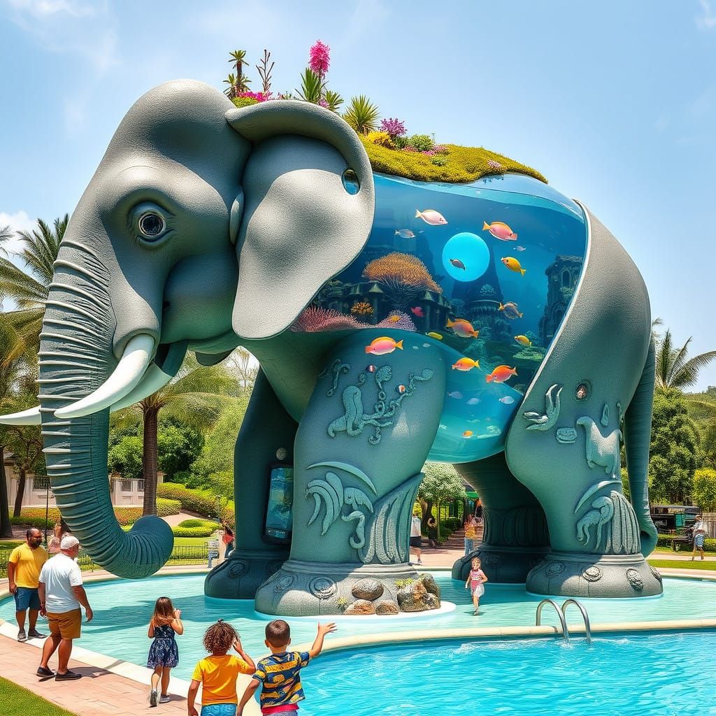 Whimsical Elephant Aquarium in Vibrant Tropical Haven