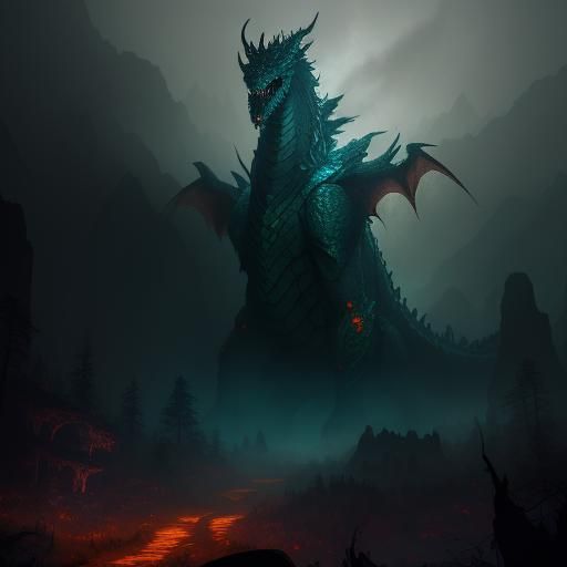 Warrior and Dragon Encounter in Misty Forest
