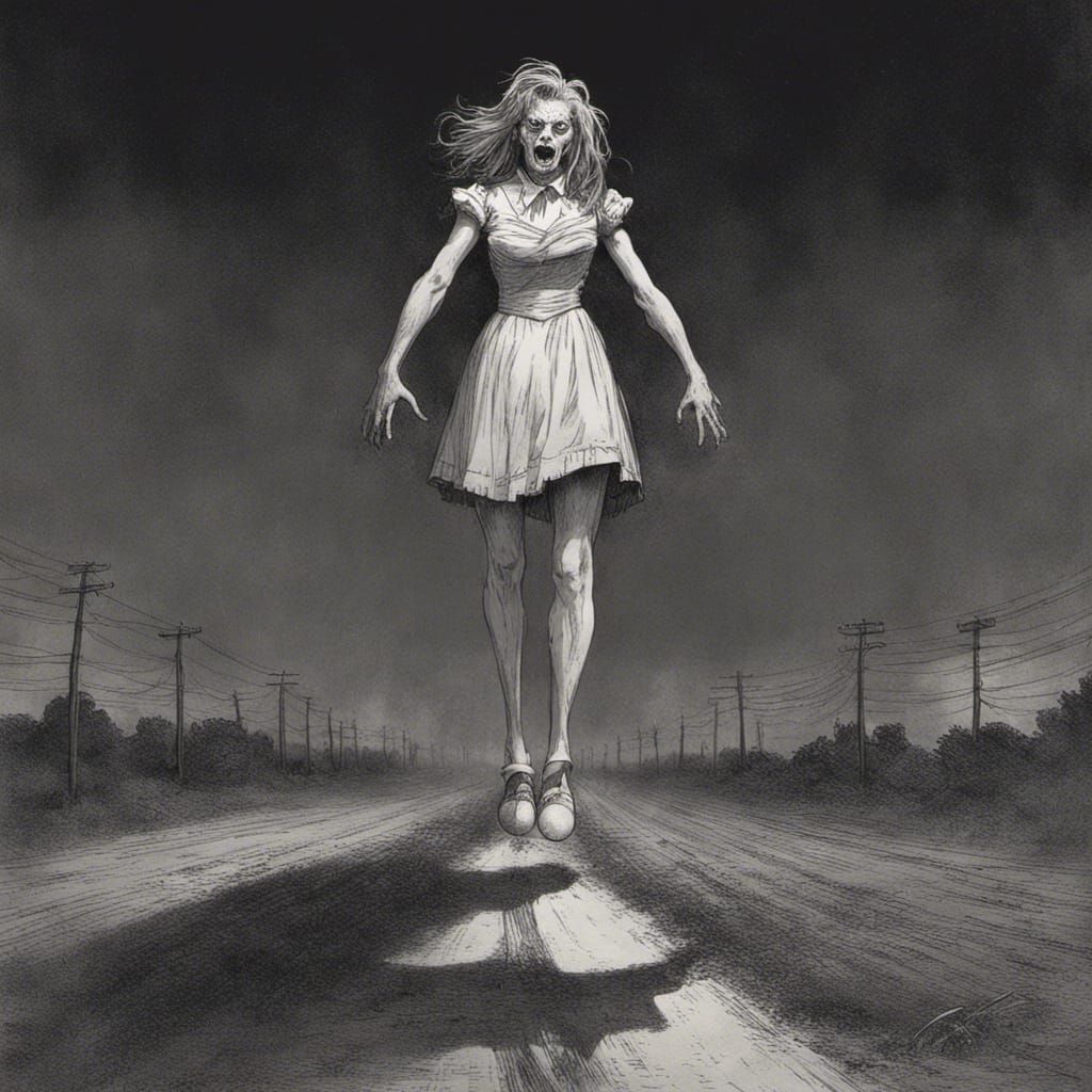 Eerie Cheerleader on Desolate Road in Horror Style