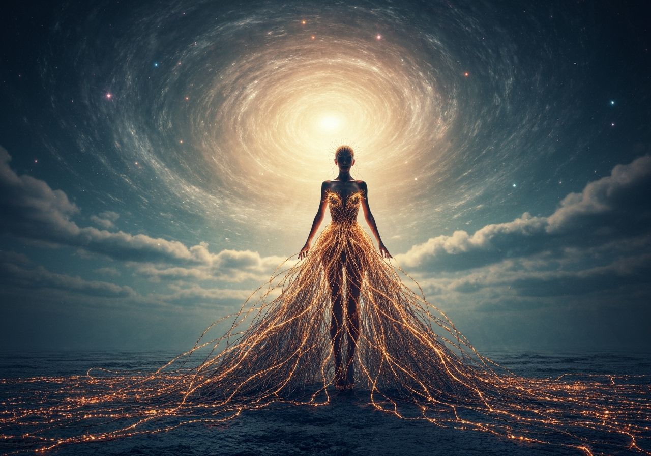Fashion Model in Glowing Electron Gown Under Cosmic Sky