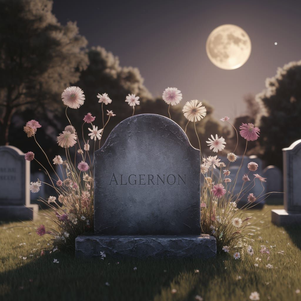 Moonlit Cemetery Scene with Flowers for Algernon