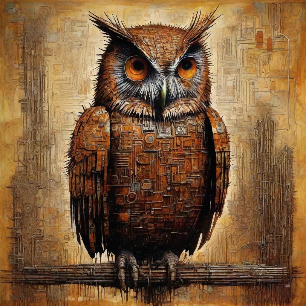 Cybernetic Metal Owl in Texturized Cactus Landscape