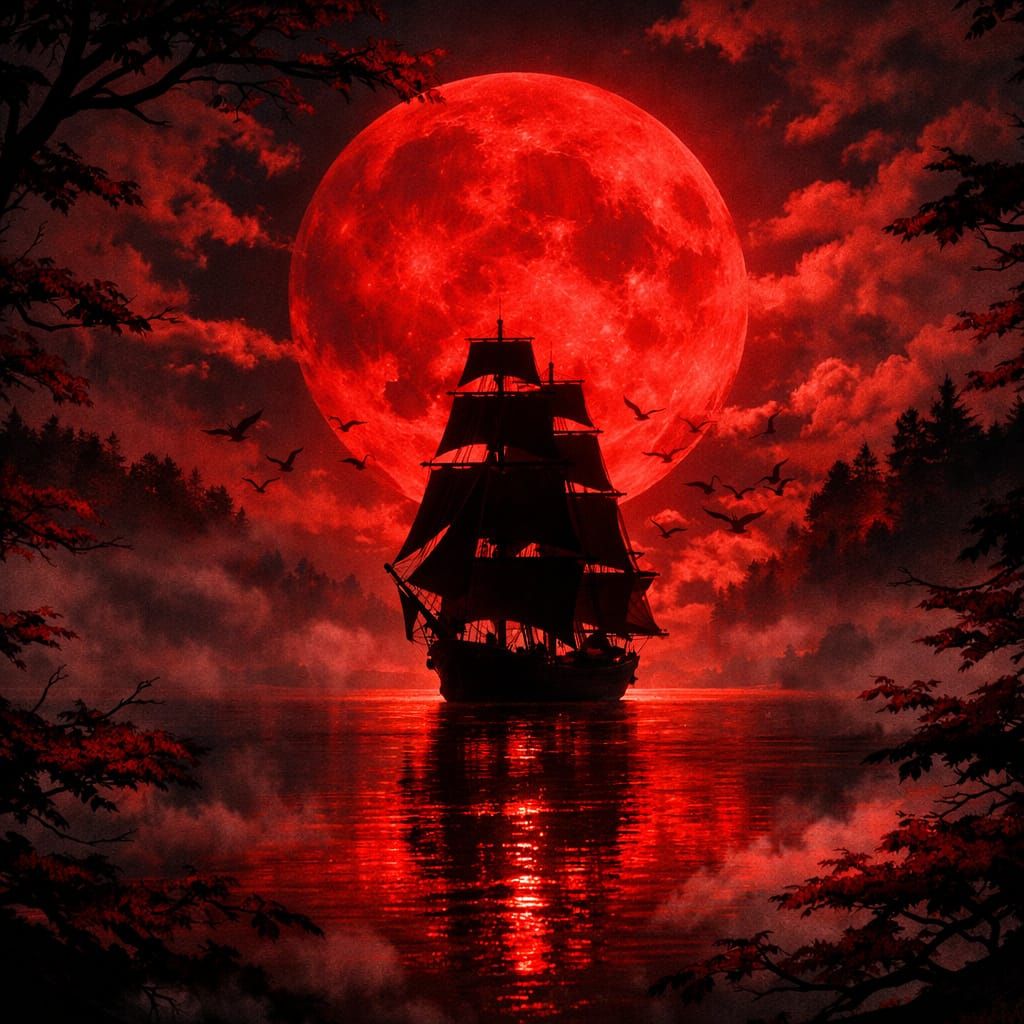 Sailing Ship Under Vivid Red Moon in Misty Forest