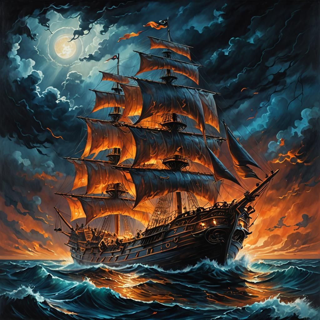 Epic Pirate Ship Sailing Stormy Ocean in Oil Painting