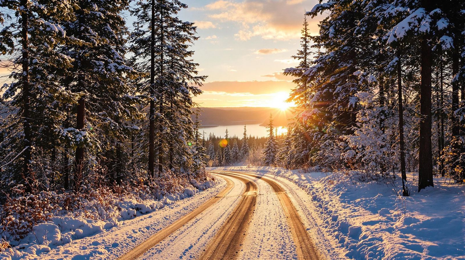 Surreal Sunrise Winter Forest Scene with Golden Light