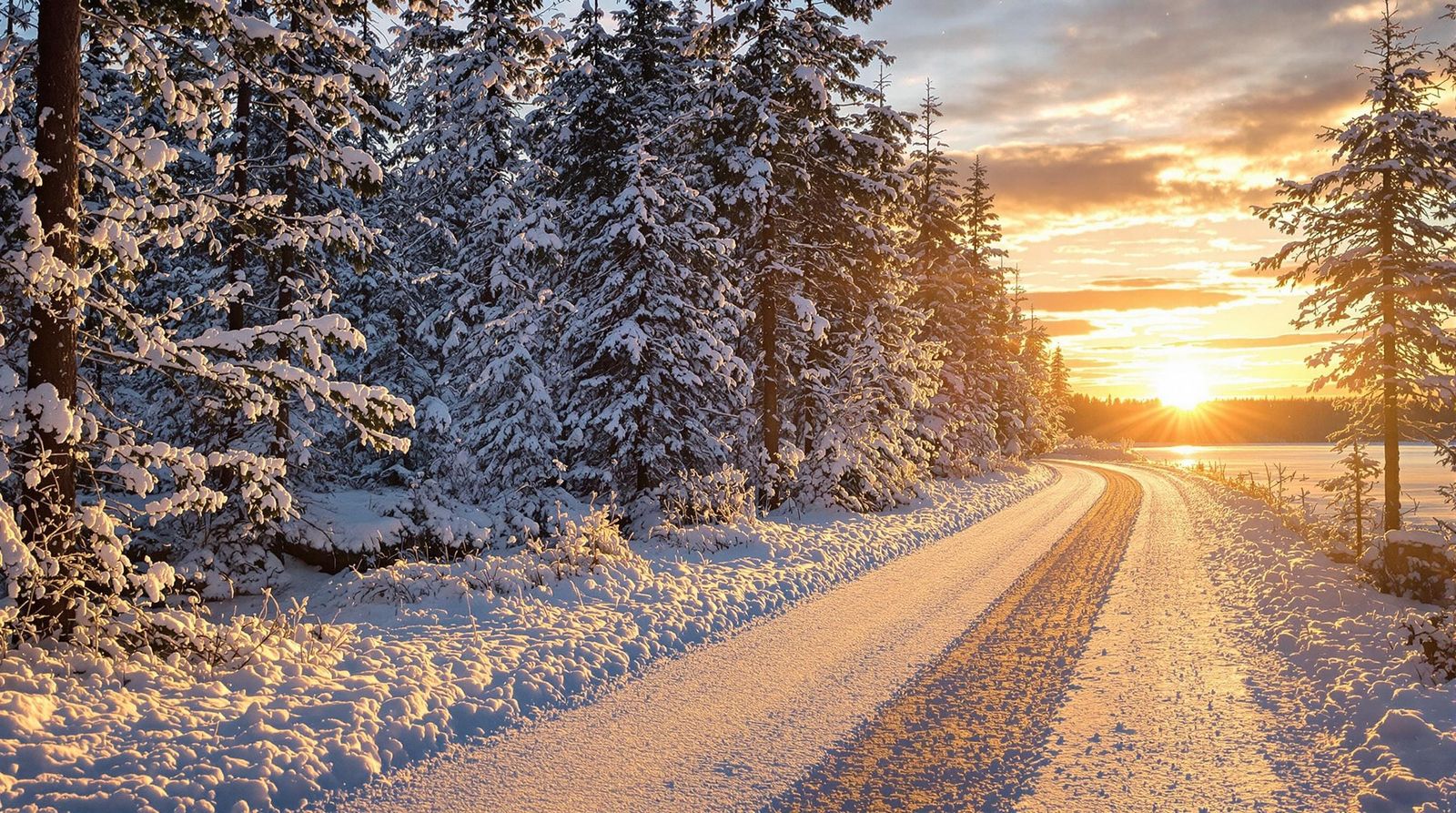 Winter Forest Sunrise with Snowy Road and God Rays