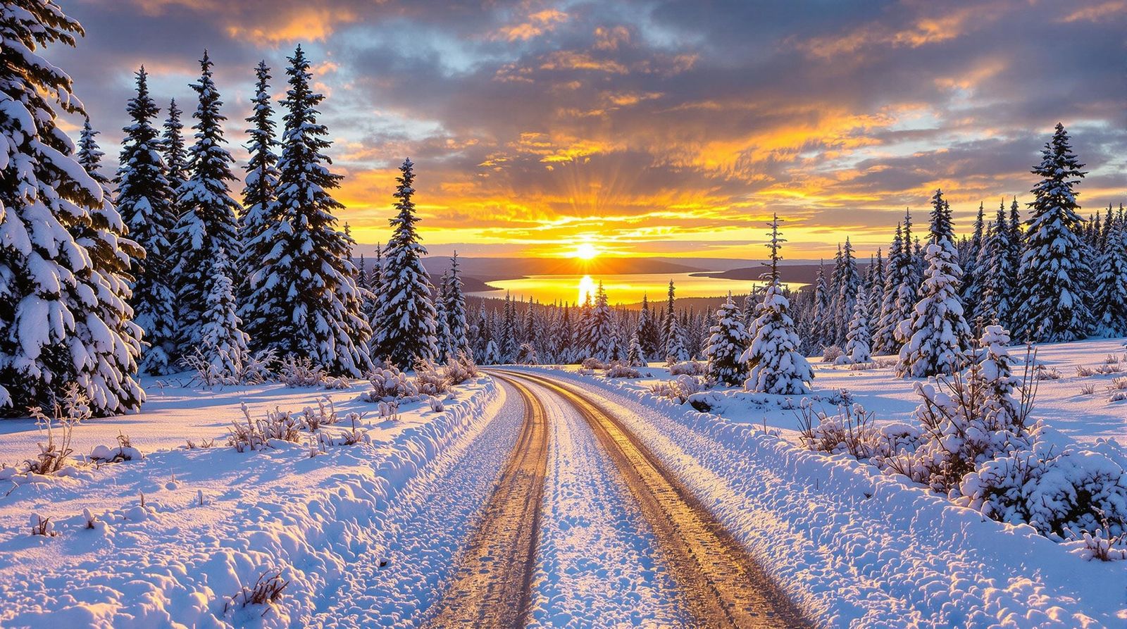 Winter Sunrise in a Snowy Forest with a Golden Dirt Road