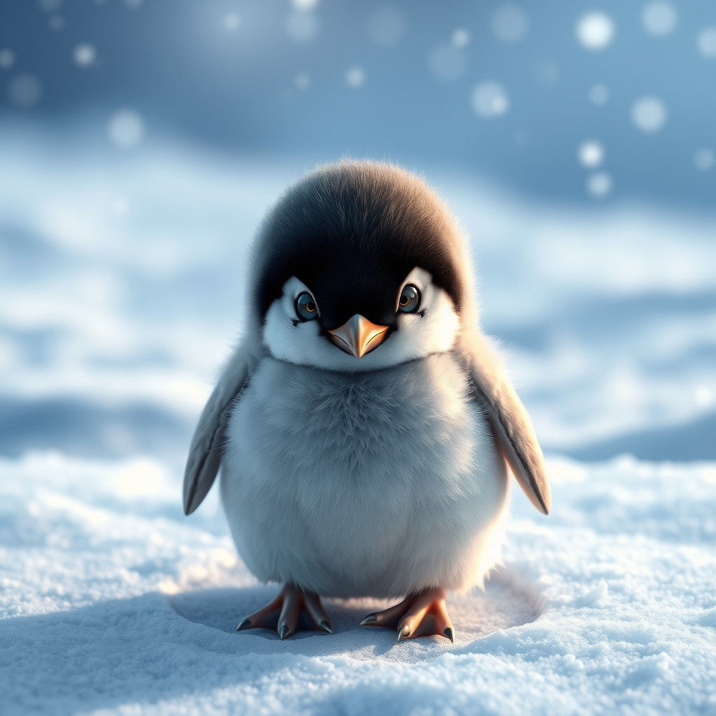 Fluffy Penguin Chick in Snowy Landscape