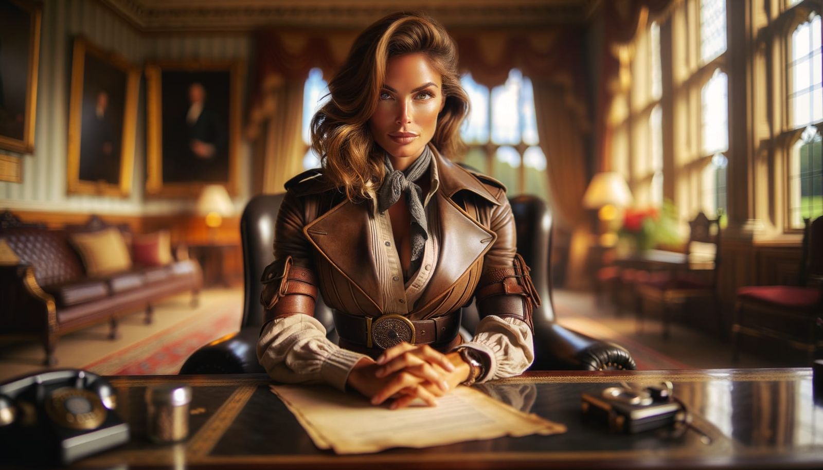 Lara Croft behind her desk at Croft Manor