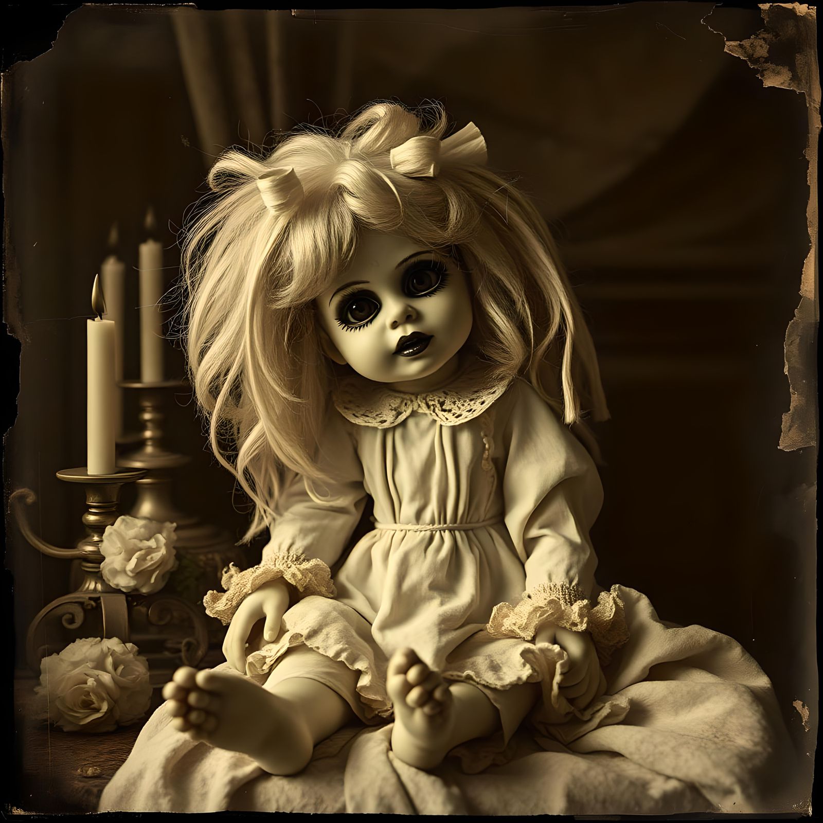 Creepy Porcelain Doll in Surreal Sepia Photo