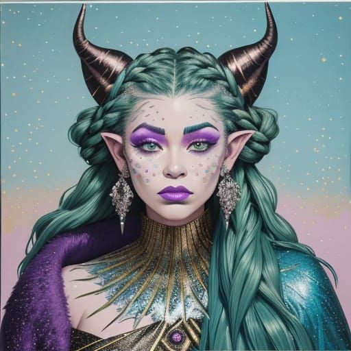 Vibrant Graffiti Portrait of a Chubby Green Tiefling Woman