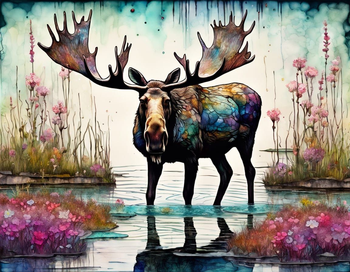 Vibrant Moose in a Lush Salt Marsh Landscape