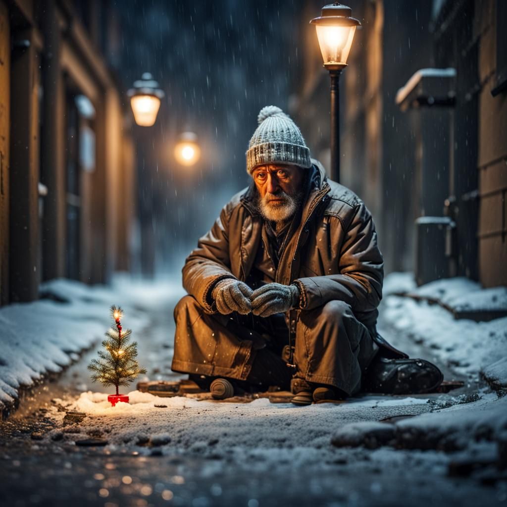 Beggar with Christmas Tree in Snowfall