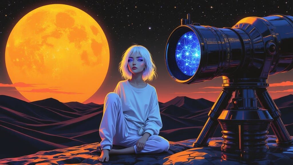 Androgynous Figure in Starlit Desert: Cell-Shaded Vector Art