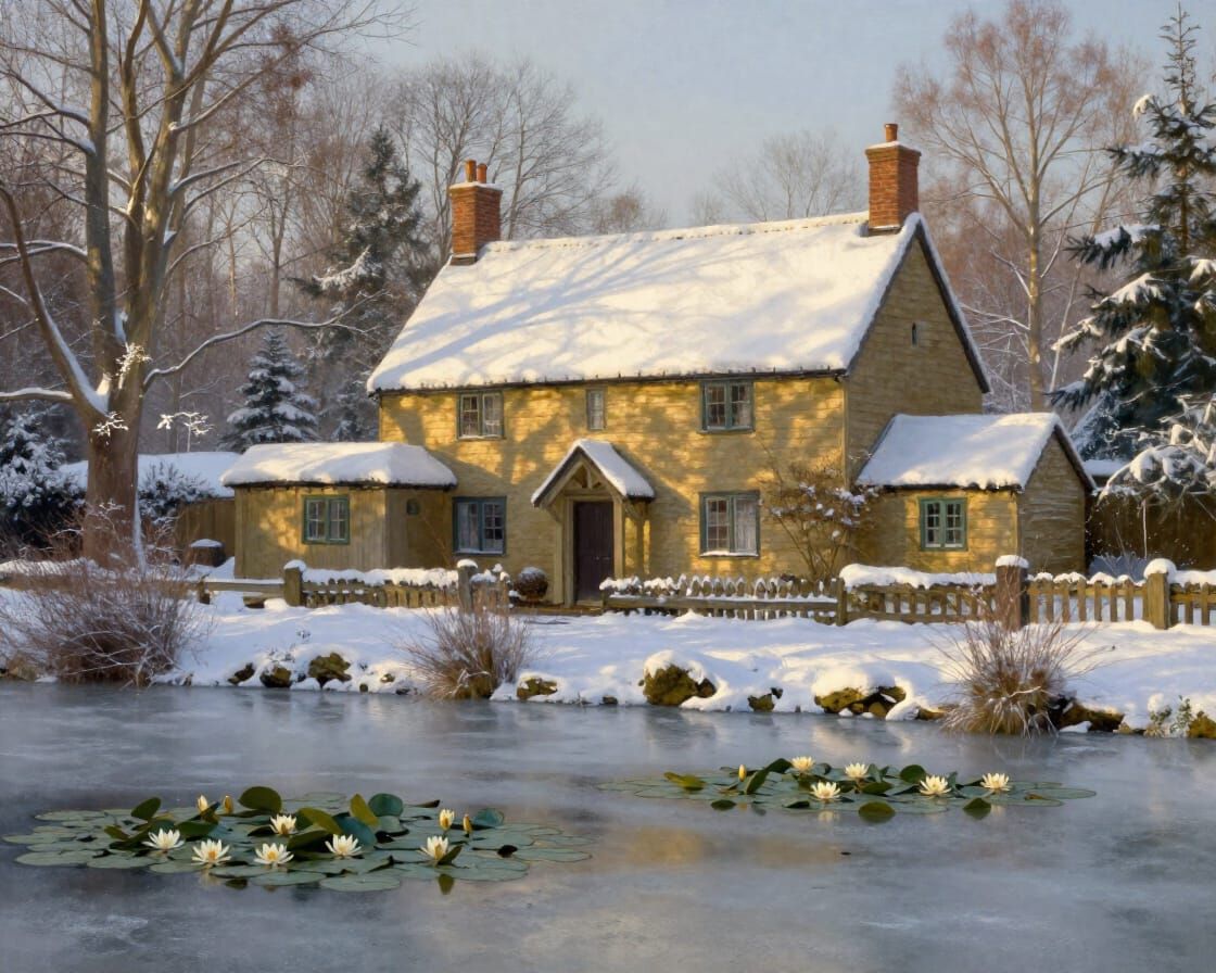 Charming Old English Cottage in Snowy Woods