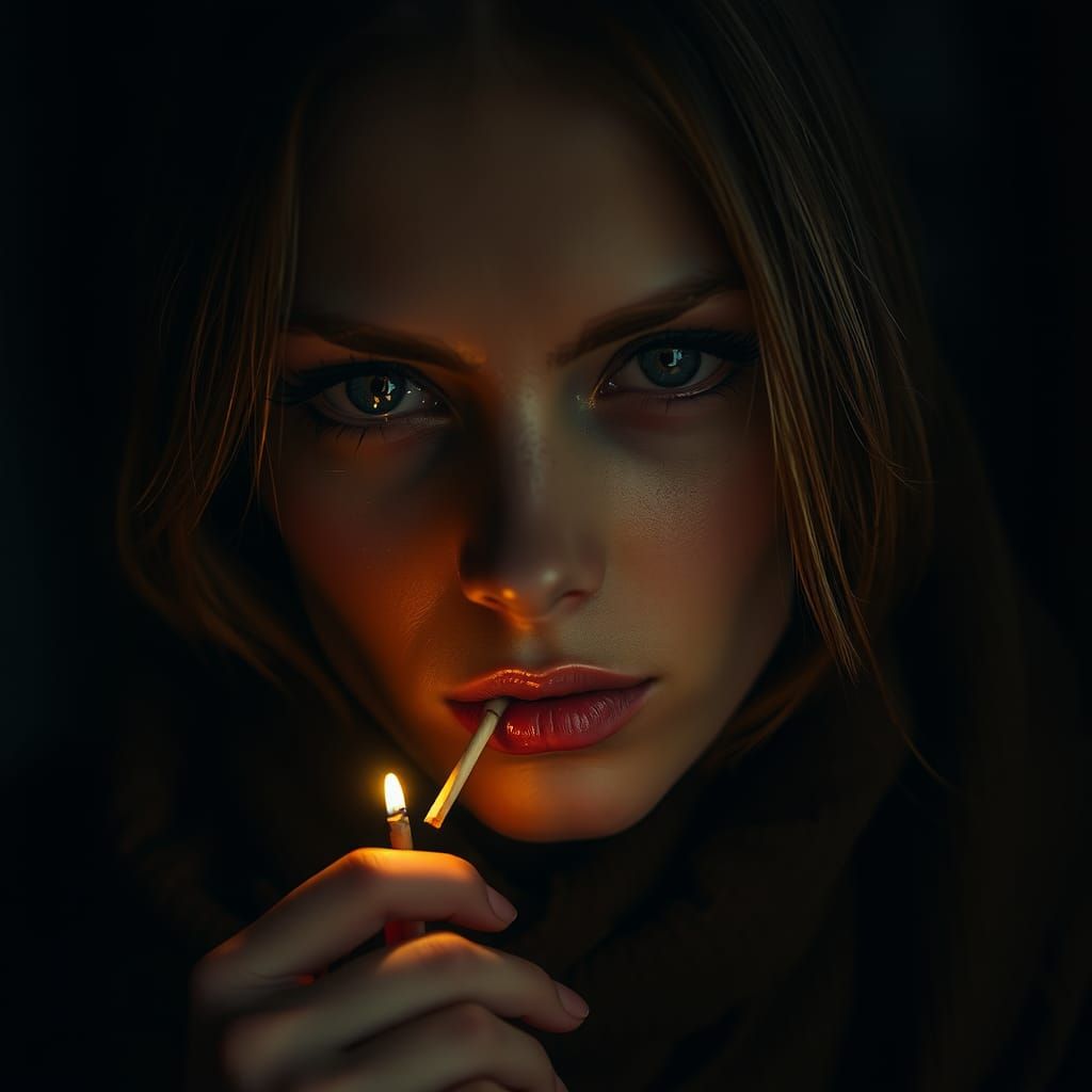 woman with a lit match in her mouth
