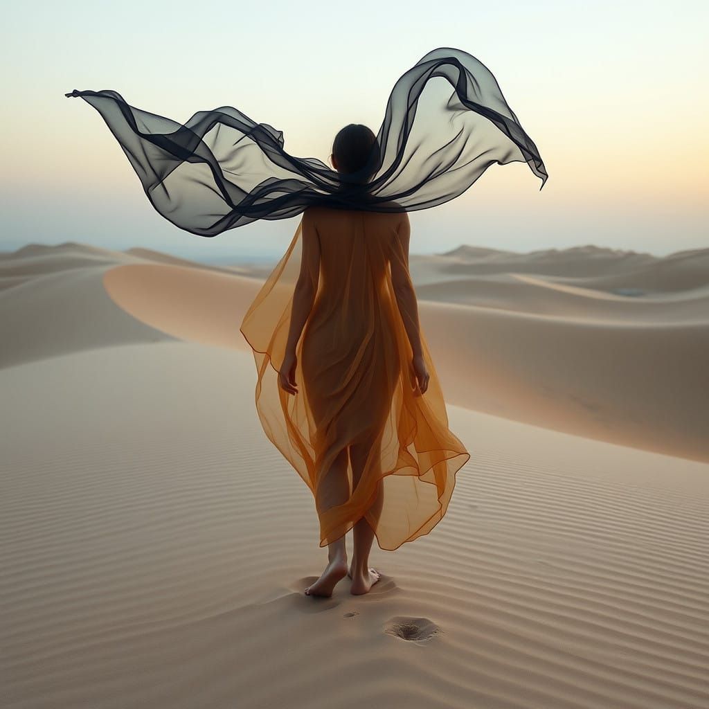 Ethereal Woman in Shimmering Silhouette on Sandy Dune