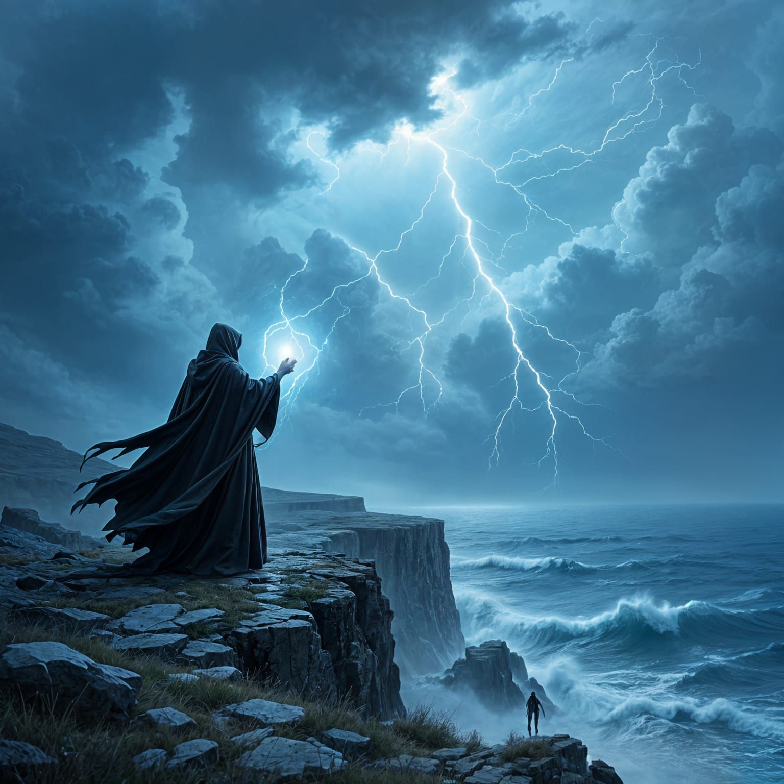 Mystic Sorcerer Casting Spell on Stormy Cliff