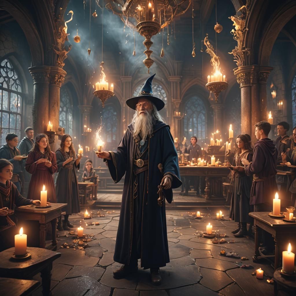Wizard teacher in classroom with students