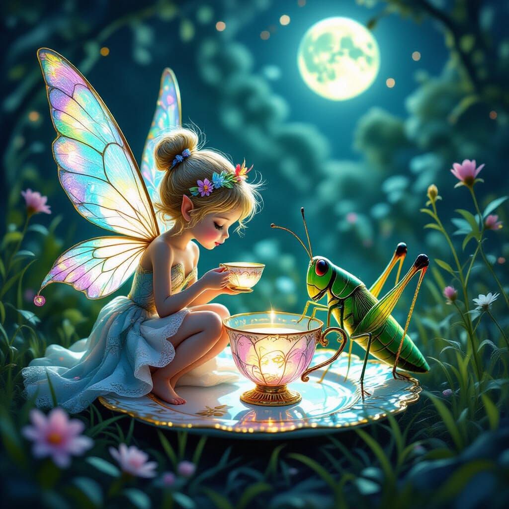 Fairy and Grasshopper Tea Party in Ethereal Garden