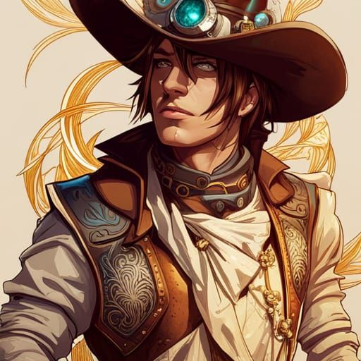 Detailed Cowboy Portrait with Golden Outlines