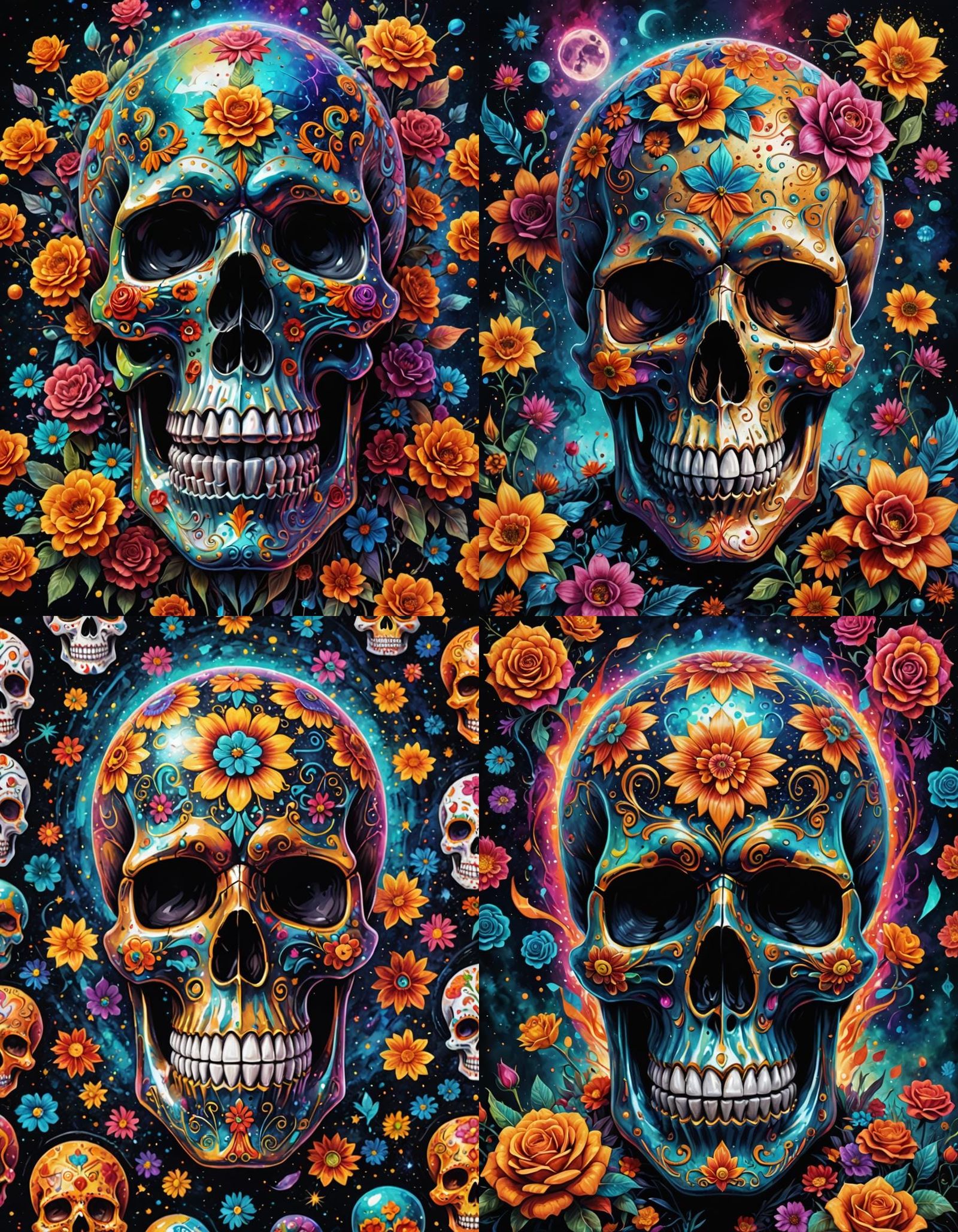 Day of the Dead Skull: Holographic Cosmic Illustration
