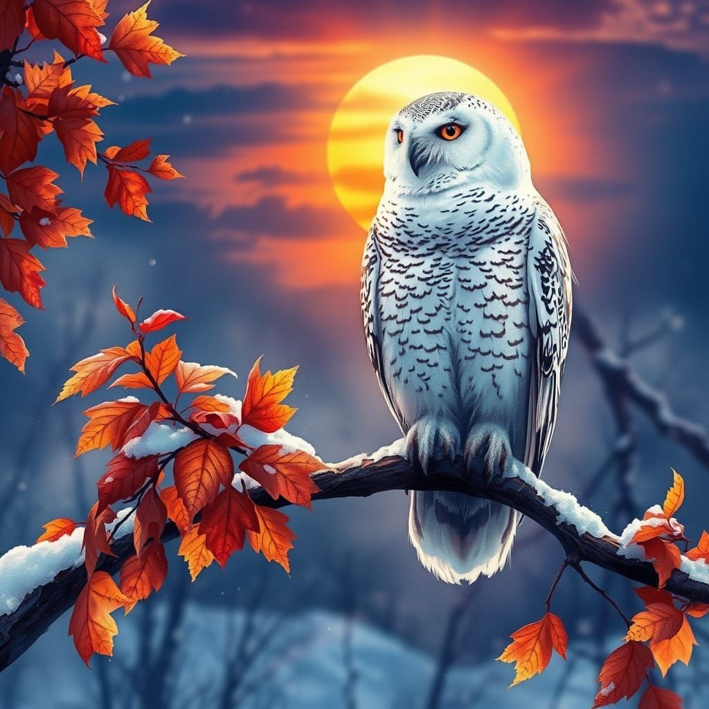 Snow Owl on Autumn Branch: Digital Watercolor Illustration