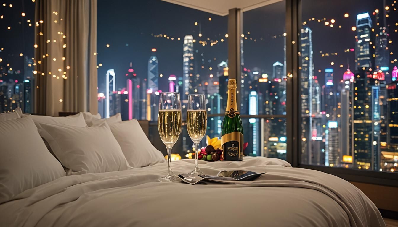 Hong Kong Hotel Bedroom at Night in Sharp Focus