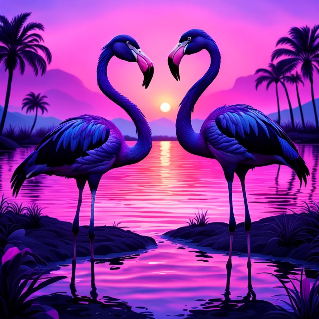 Heart-Shaped Flamingoes in a Purple Sunset