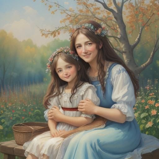 Girl Hugs Man in Orchard as Impasto Gouache