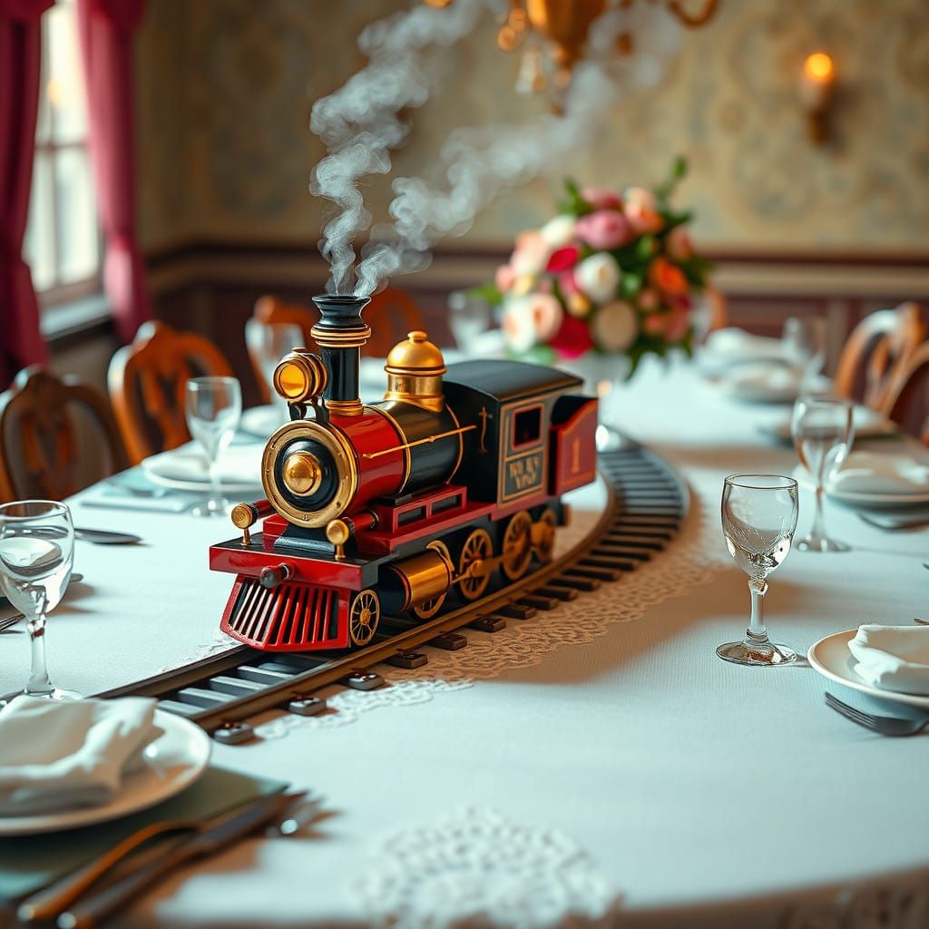 Steam Train Whimsy on Lace-Trimmed Dining Table