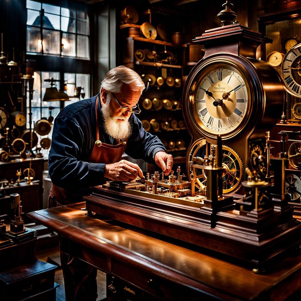 Clockmaker's Old World Workshop: Hyper-Detailed Photograph