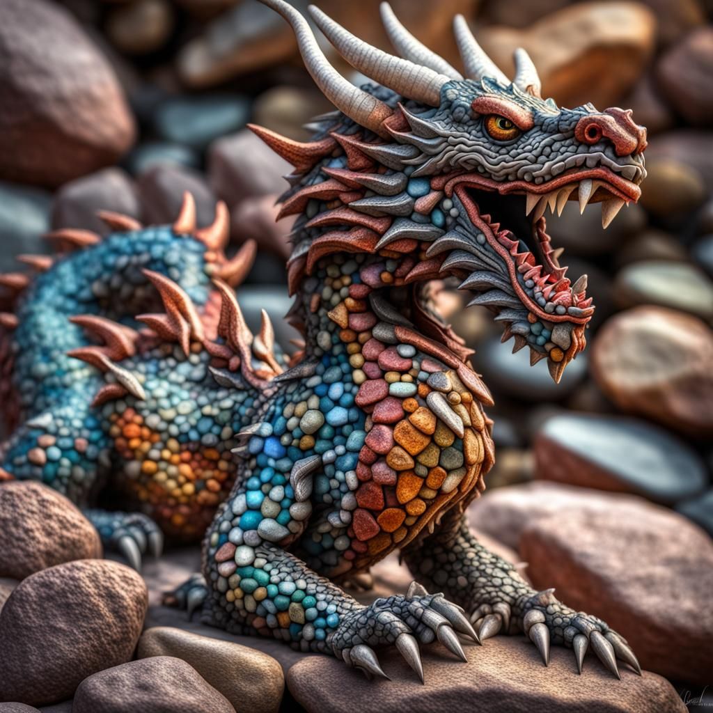 Hyperrealistic Dragon Made of Colorful Rocks