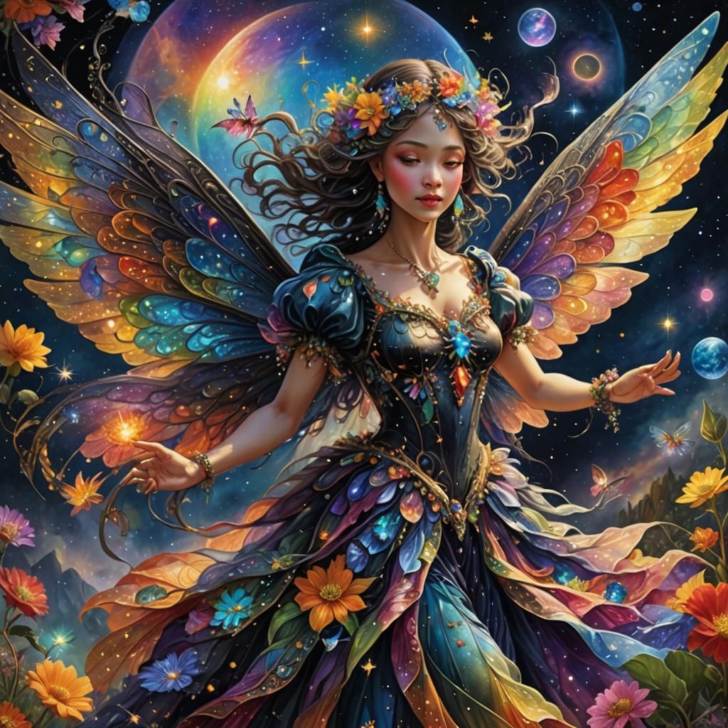 Colorful Black Fairy in a Starry Landscape