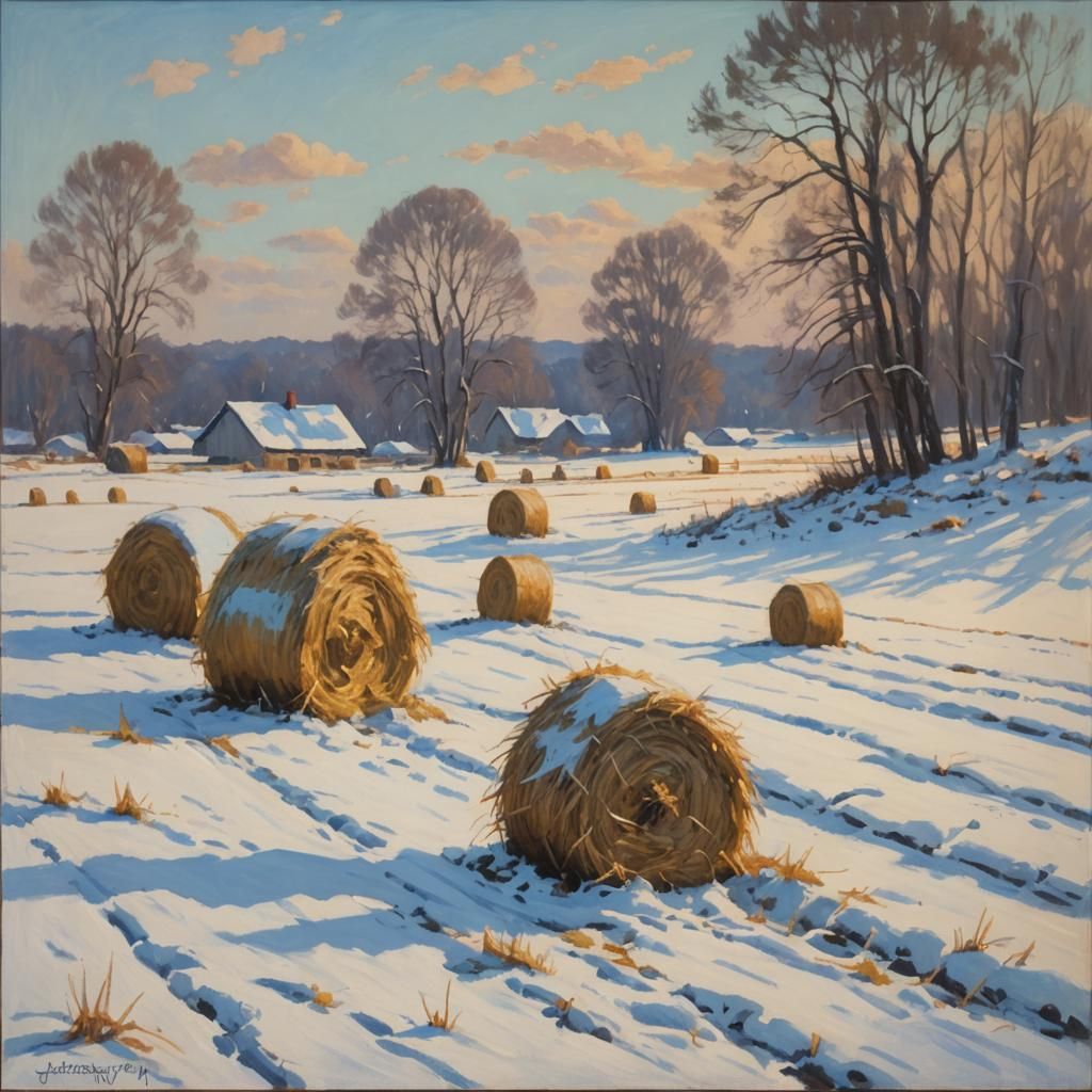 Winter Haystacks in Impressionist Style